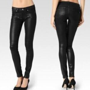 PAIGE Coated Skinny Jeans Women 29 Black Ollie Skinny Coated Back Zip Pockets